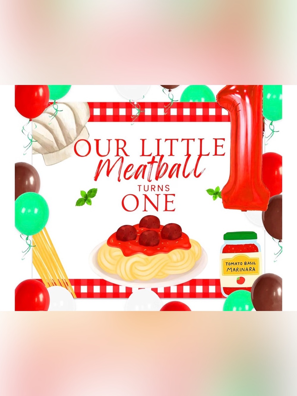 Our Little Meatball Turns One Birthday Backdrop - Red & White